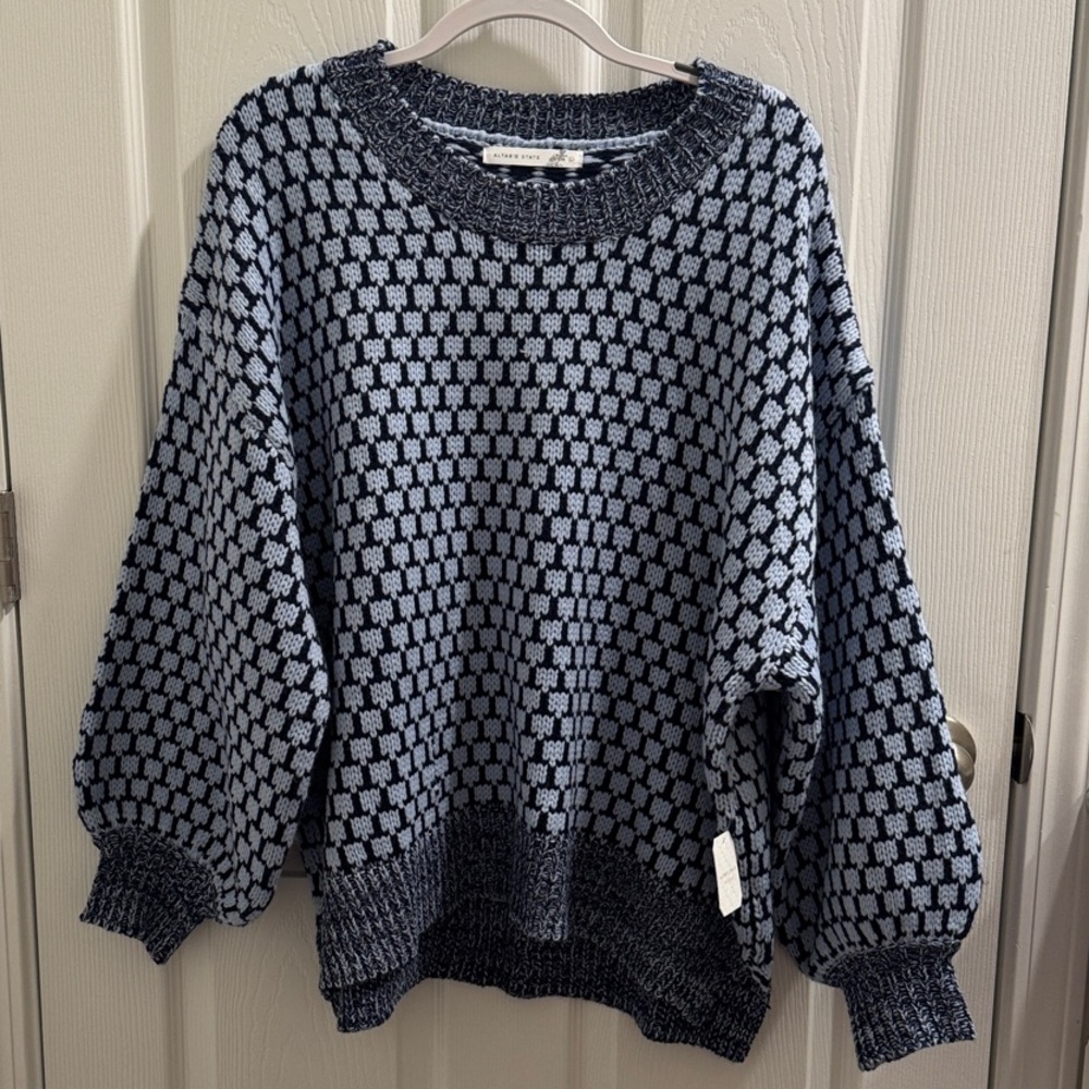 Altar'd State Navy and Light Blue Checkered Sweater